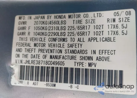 2008 Honda Cr-V Ex-L from USA, damaged, VIN JHLRE38718C049605